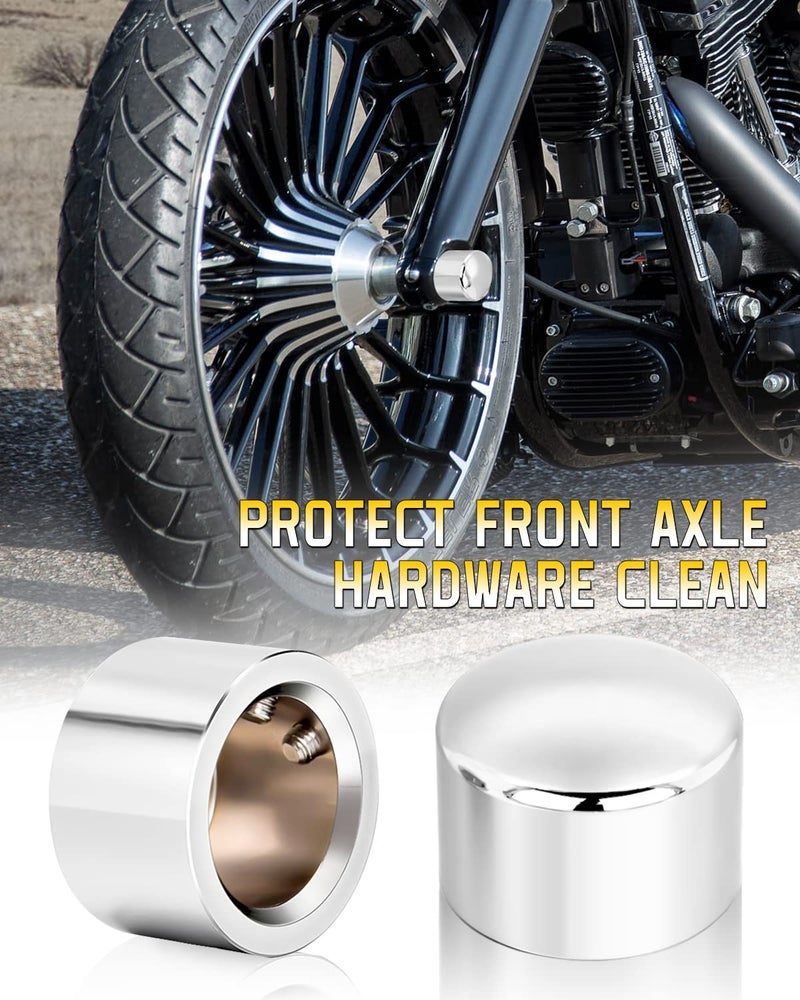 ANONEMOTO Chrome Front Axle Nut Covers  Front Axle Caps Compatible with Harley Davidson 2002-2024 VRSC Softail Dyna Super Glide Sportster XL 883 1200 Road King Electra Glide Street Glide XG - Image 3